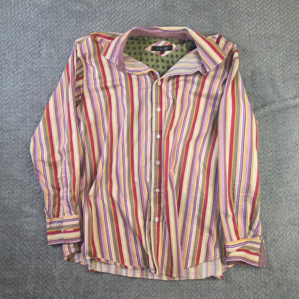 Synrgy Mens 1X Striped Button Down Shirt Multicolor Long Sleeve Cotton